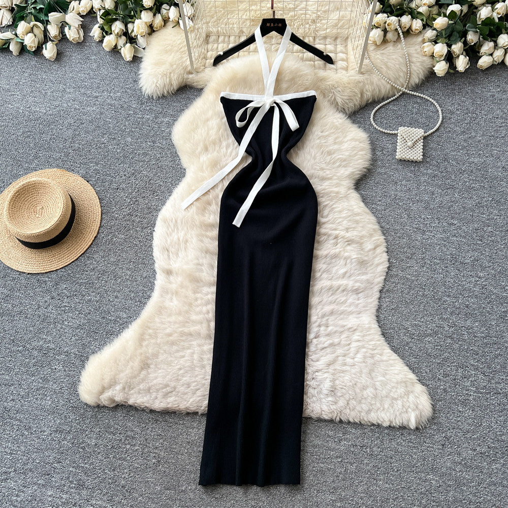 Korean style halter neck sweet & spicy girl knitted dress - women's summer bow-tie bodycon skirt - sexy vacation vibe