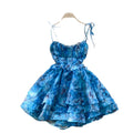 Birthday dress for women, french sweet, palace style, waist slimming look, elegant suspender mesh printing puffy dress