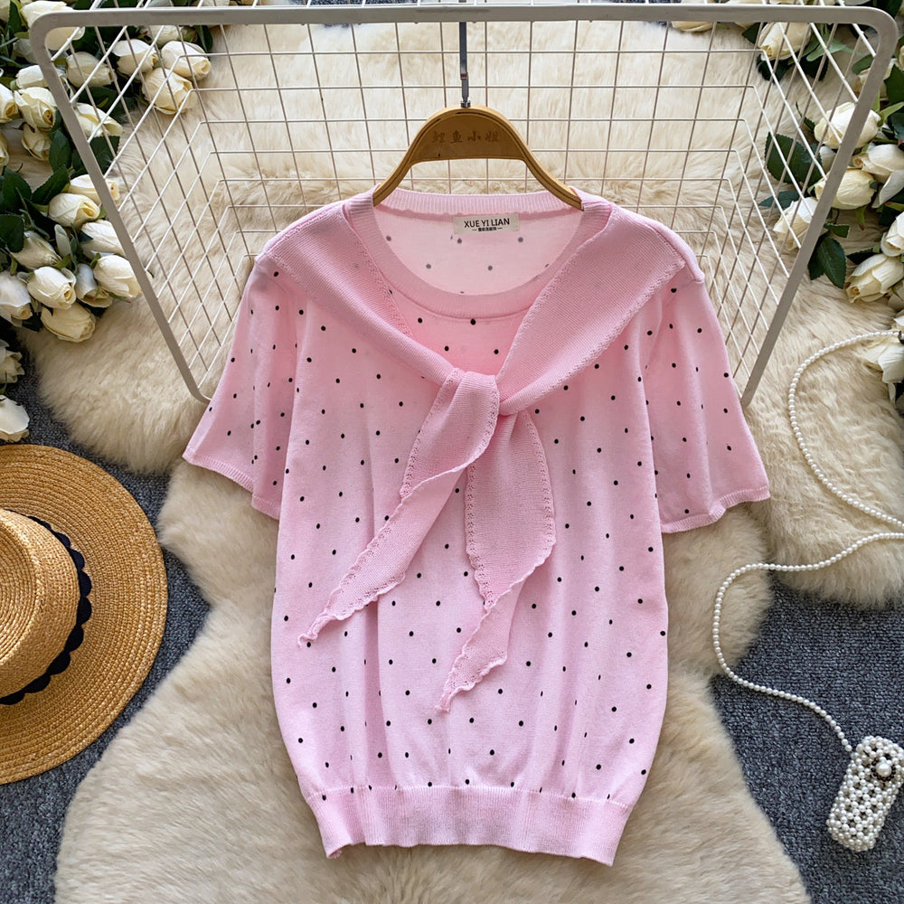 Korean style ribbon hollow-out polka dot knit top - women's summer, skin-friendly, breathable, short sleeve, v-neck, slimming, versatile, and youthful top