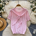 Korean style ribbon hollow-out polka dot knit top - women's summer, skin-friendly, breathable, short sleeve, v-neck, slimming, versatile, and youthful top