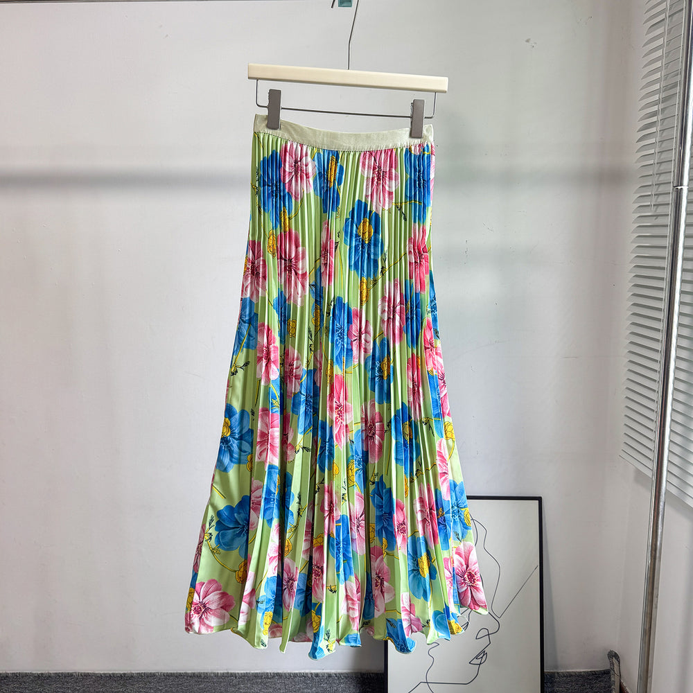 fashionretroprintingpleated elastic waist fashion skirt women's high waist a-line skirt work clothing long skirt summer