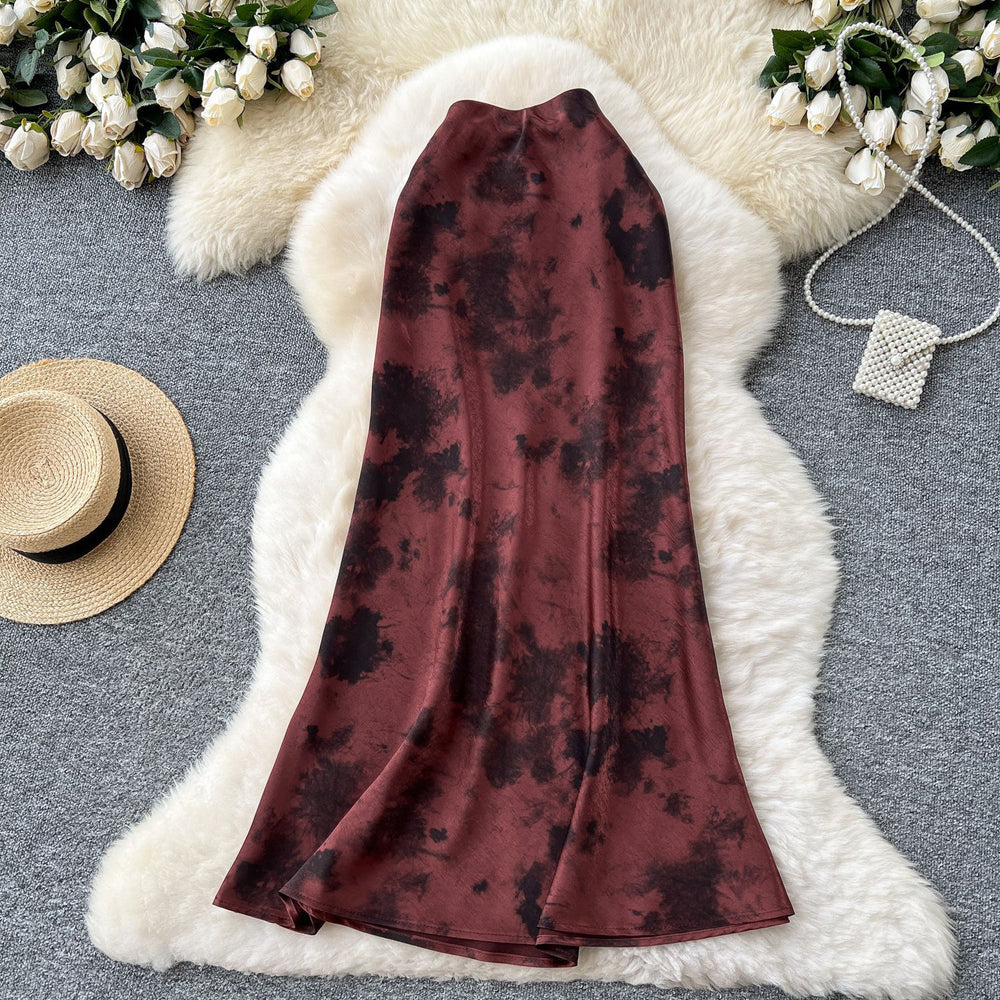 French chic satin midi skirt -  summer collection: luxe, vintage-inspired ink wash print, high-waisted, slimming mermaid skirt