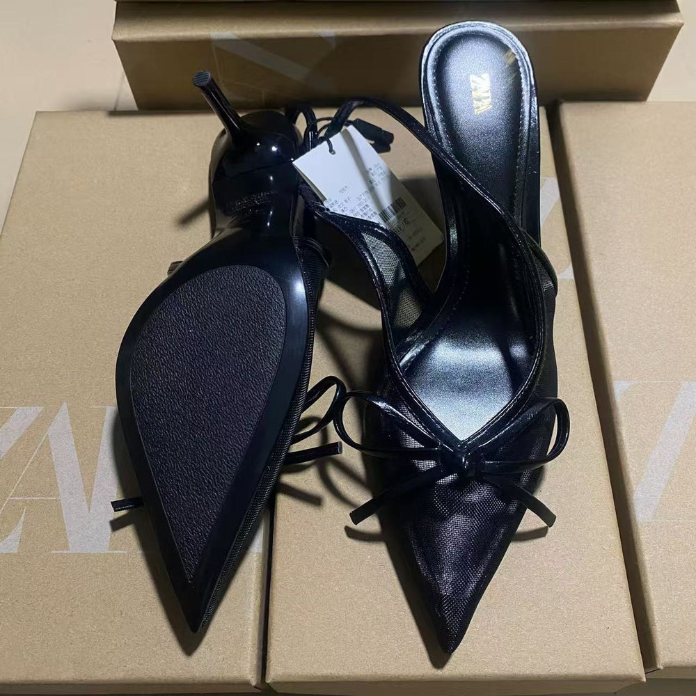Za2025 summer socialite french style pointed-toe high heels - women's mesh bow-tie stiletto closed-toe sandals