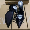 Za2025 summer socialite french style pointed-toe high heels - women's mesh bow-tie stiletto closed-toe sandals