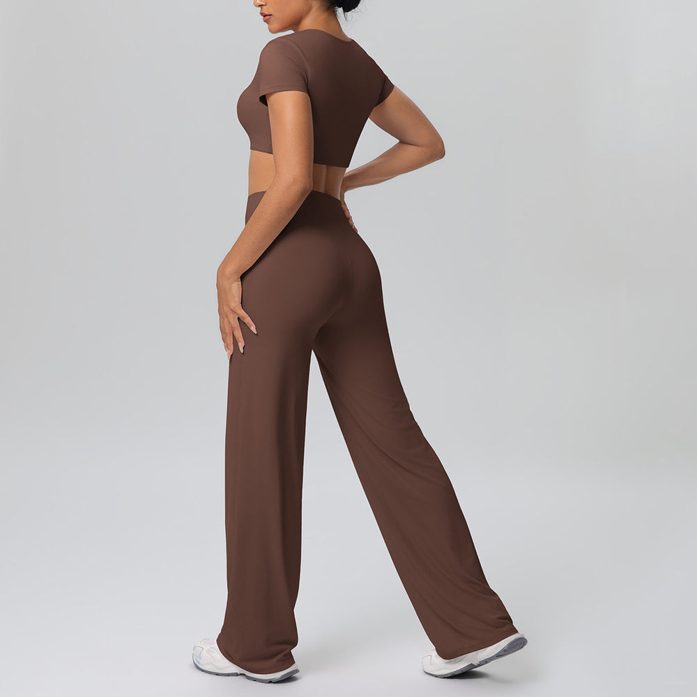 Ready-to-ship cross-border double-sided nylon seamless high-stretch activewear set - yoga, running, and fitness wide-leg two-piece outfit