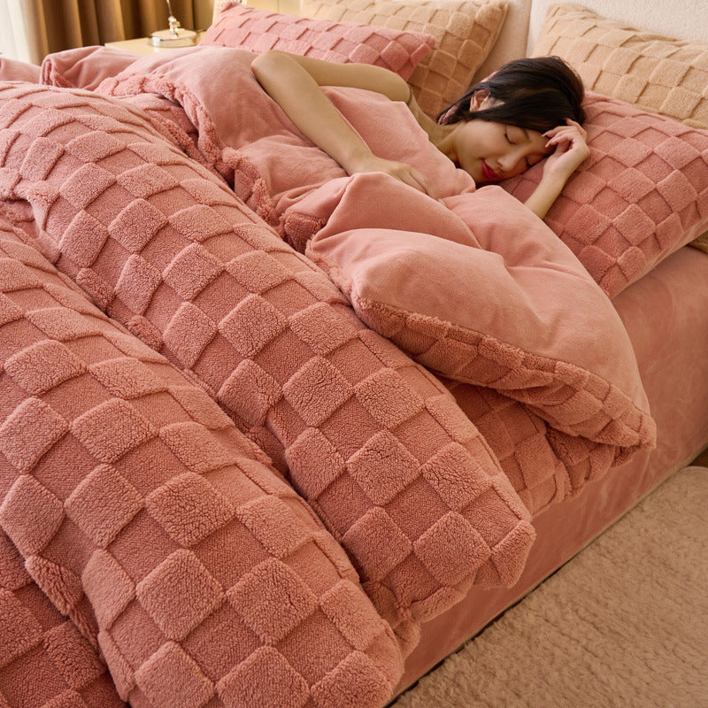 Solid color Tafu fleece four-piece winter thickened milk fleece quilt cover Nantong fleece bedding coral fleece sheets