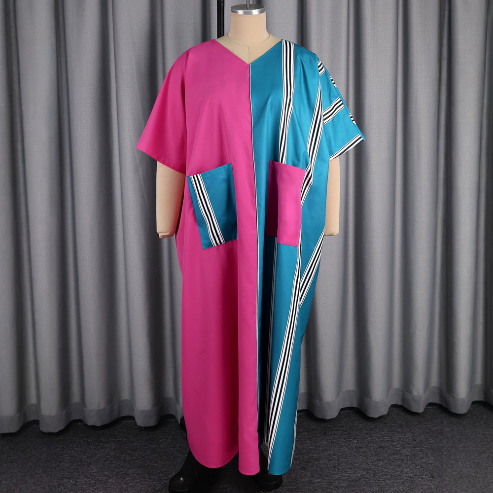 new arrival african ethnic style patchworkloose robe bat sleeve v neckflap pocket pantscontrast colorbubudress