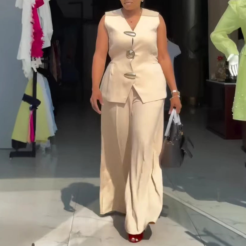 European and american cross-border women's fashion:  summer new collection - tie-waist vest top and wide-leg pants set