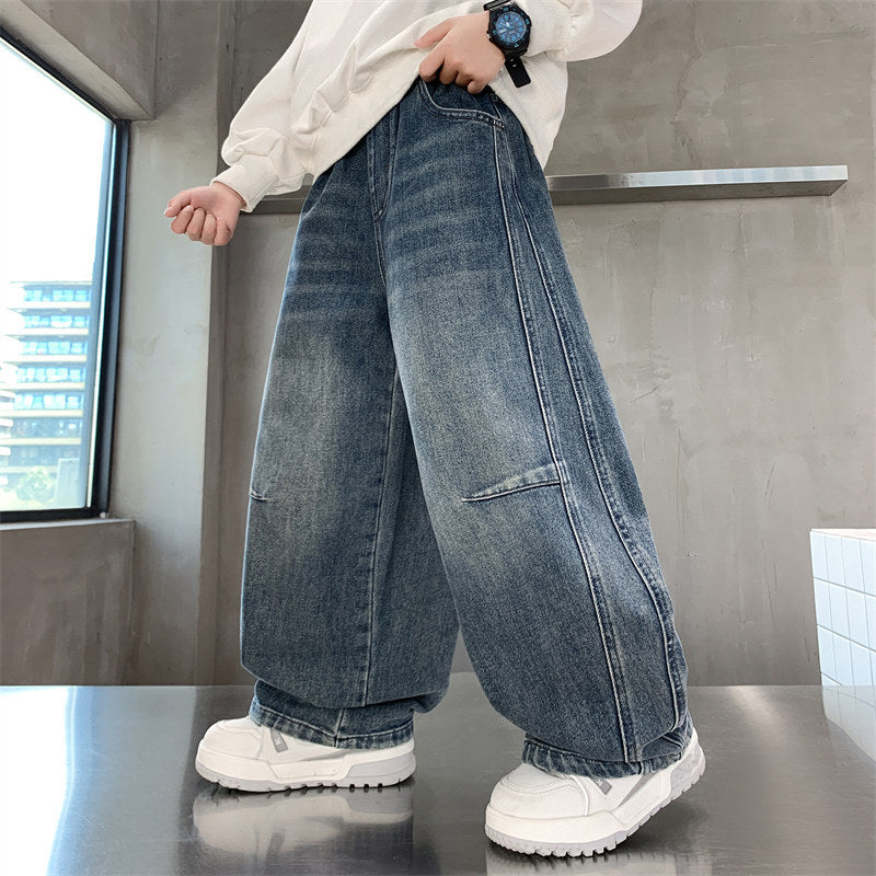 Boys' spring/autumn denim jeans -  new style casual pants for boys, loose fit, middle to big kids, scimitar cut