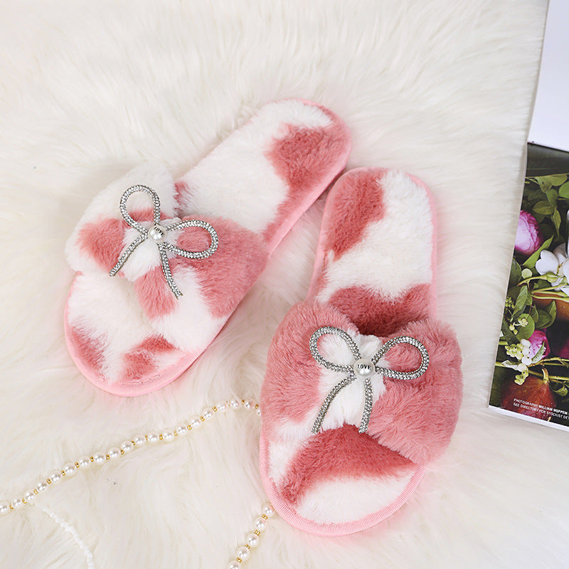 Women's winter cotton slippers with rhinestone detail, fuzzy indoor slippers with bow, home autumn and winter plush warm slippers for women