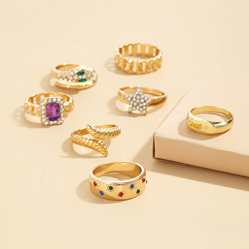 Wholesale alloy rings: cross-border, niche design, high-end jewelry for women - star layering, statement open ring set
