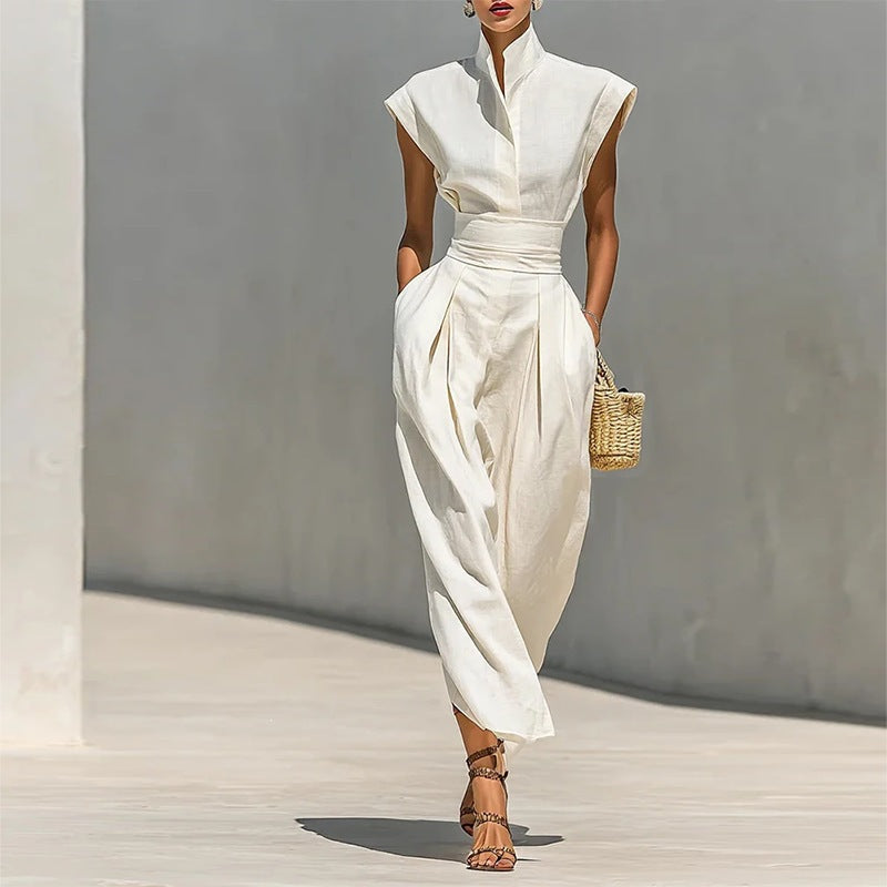 women's summer new arrivals:  cross-border fashion - european & american style, elegant solid color, cinched waist, flutter sleeve dress