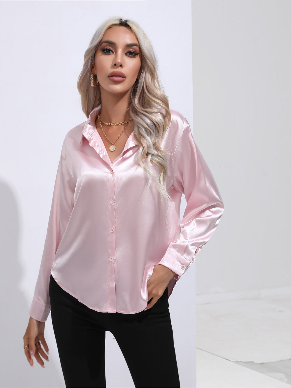Hot-selling real shot: women's satin shirt - faux silk long sleeve blouse, new spring/summer collection, european & american cross-border women's fashion