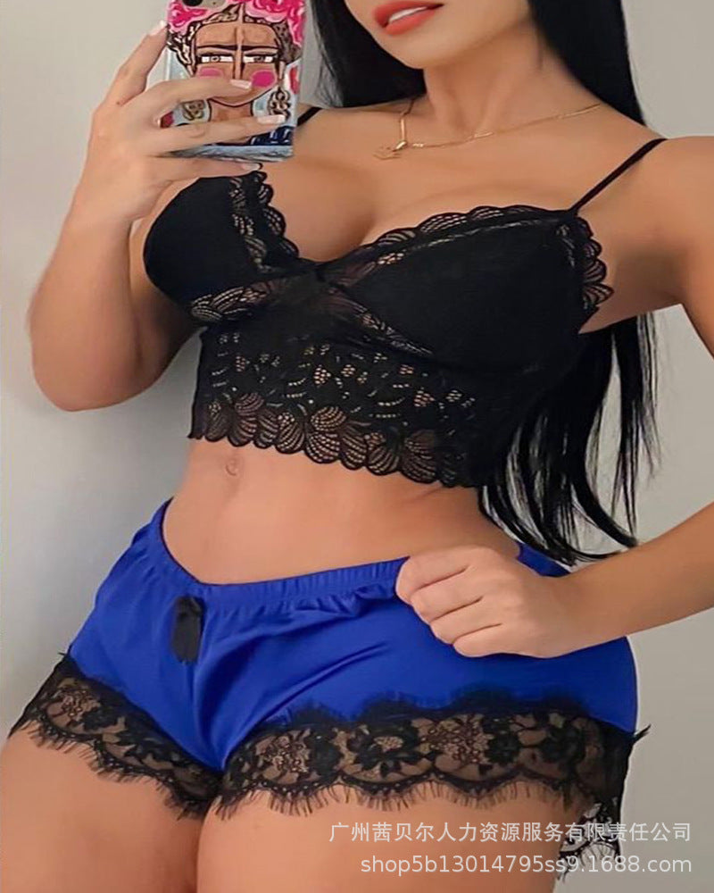 Spot  2021 European and American new royal blue sexy lace suspender set pajamas