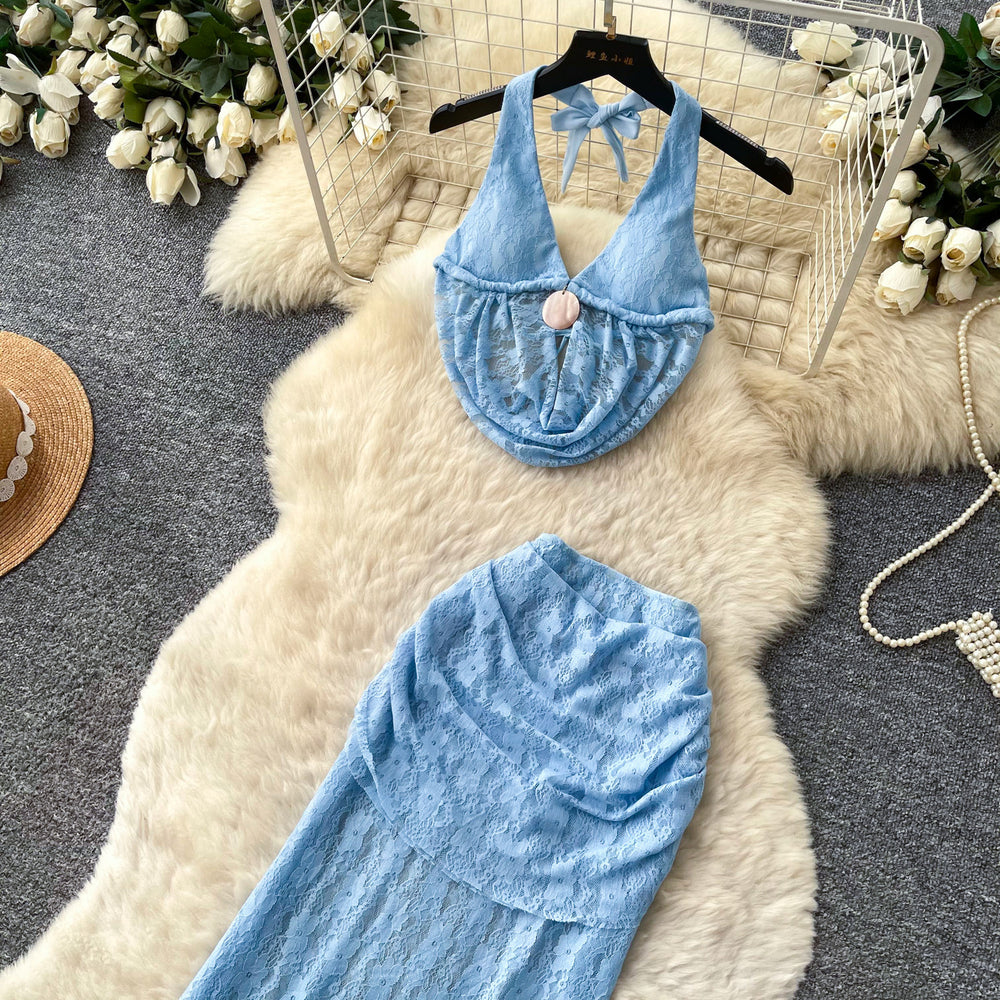 Accessible luxury holiday style halter camisole skirt two-piece set women's summerslimming lookwork clothingelegantsuit skirt