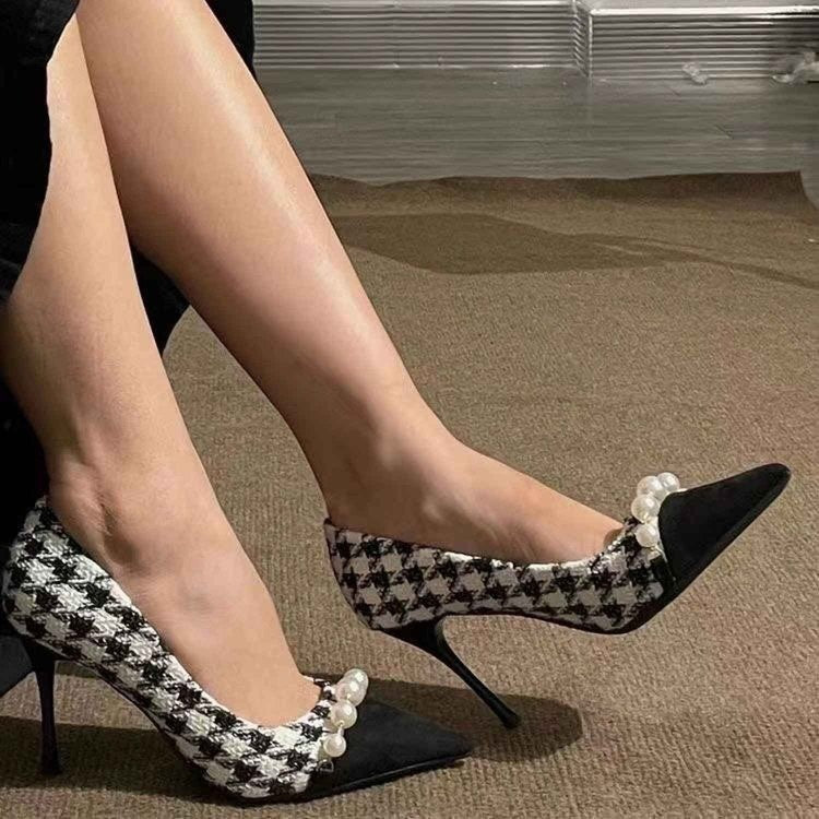2023new arrival tweed style stiletto heel best selling french chidori grids high heels color matching easiest for match pearl flats women's fall and winter