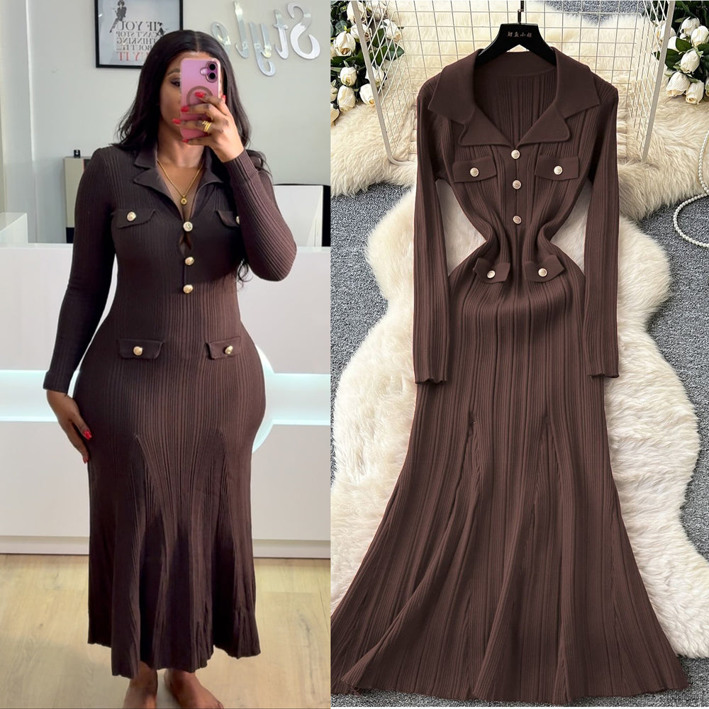 export tweed styleelegance lapel long sleeves metal button waist knittingdressautumslimming look midi skirt
