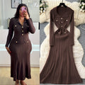 export tweed styleelegance lapel long sleeves metal button waist knittingdressautumslimming look midi skirt