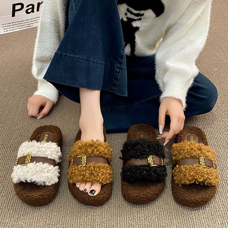 Thick sole heightened fur slippers women's outwear spring & fall new arrivalclassy leather buckle lamb wool home cotton slippers