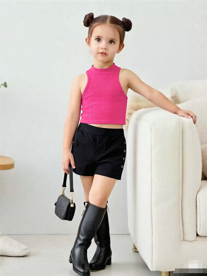 new european and american cross-border girl's summer sleeveless halter top + eyelet shorts two-piece set