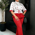 New arrivalprintingcasualtwo-piece set elegantwork clothingcontrast color waist ruffles drawstring topsloose pantssuit