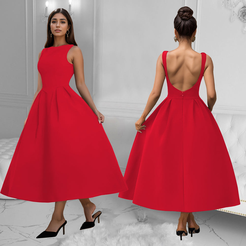 C7145 cross-border   fashion women's backless french vintage sleeveless maxi dress
