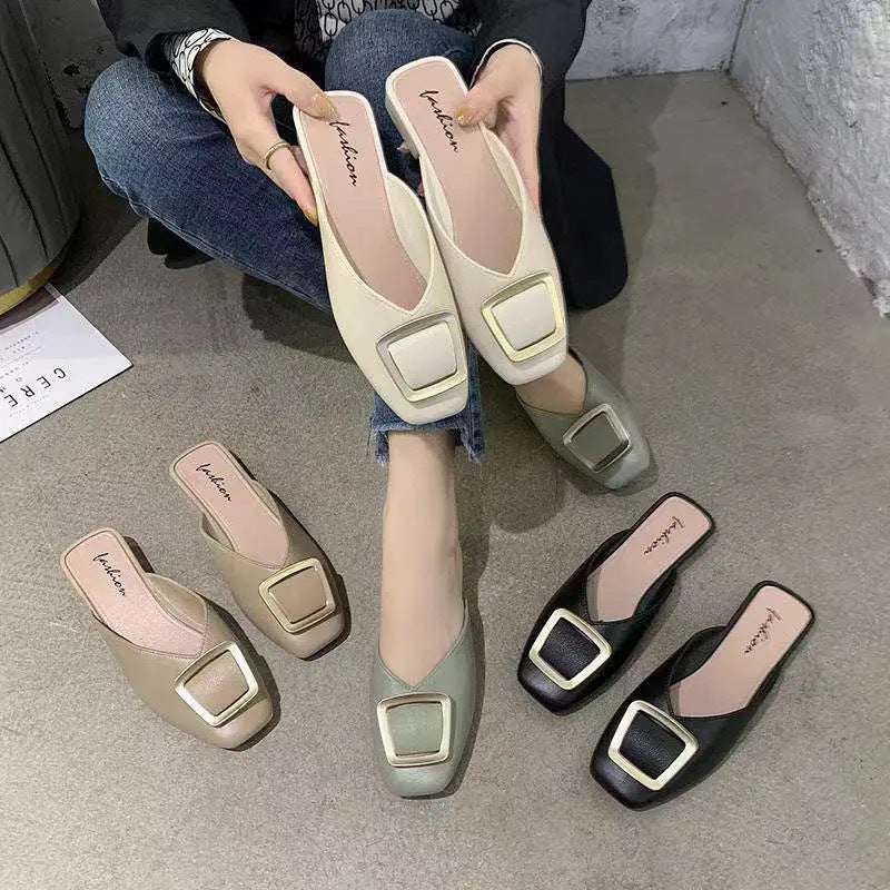 Square buckle toe half slippers women's fashionoutwear 2024new arrivalmuller flat heel buckle square toe lazy sandals women's shoes