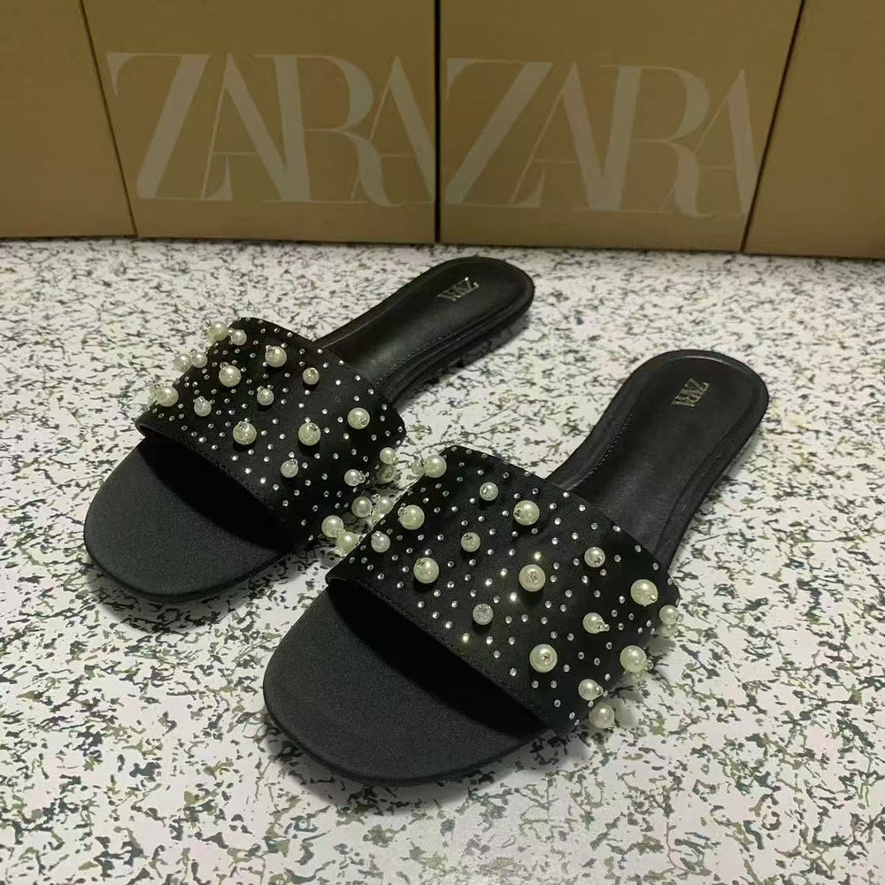 Za's 2025 new women's shoes - direct export, new metal stud flat sandals, square toe women's shoes, versatile style