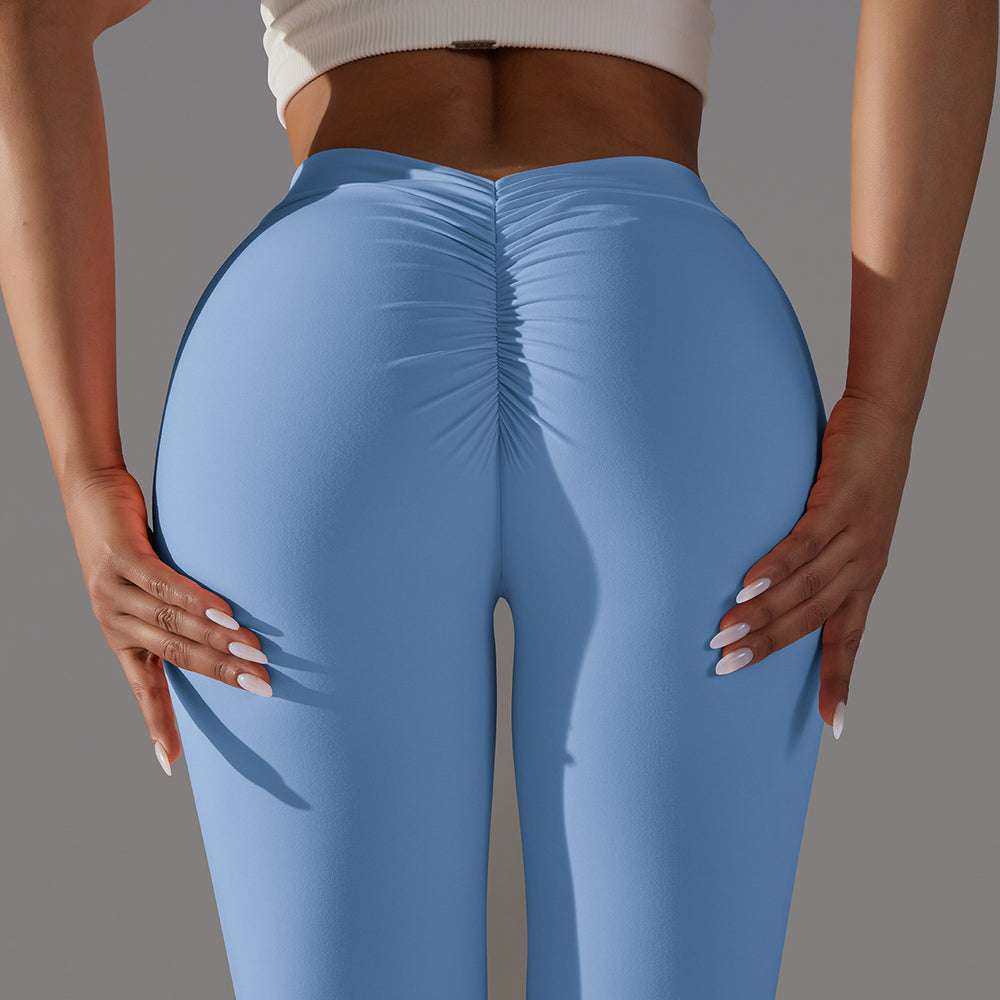 fashion brushed v-waist pleated pure color peach butt yoga pants sports running fitness tight nine-point pants