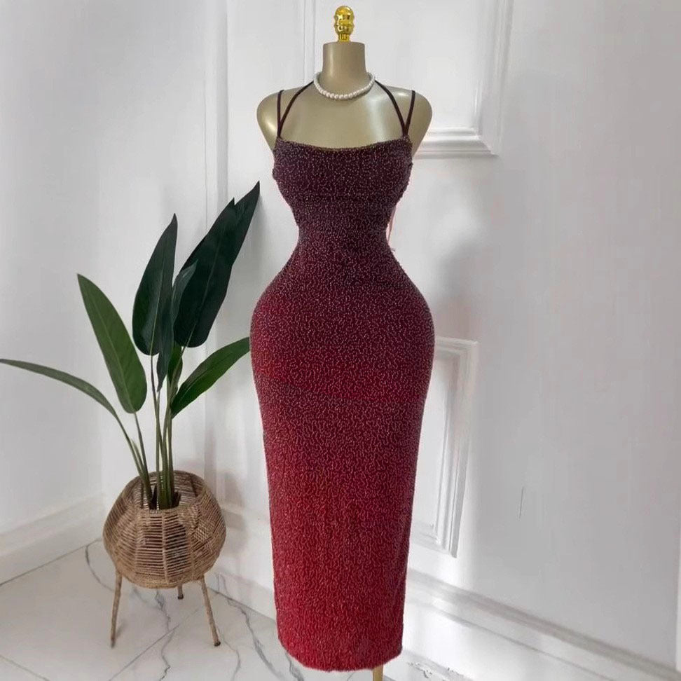 Gradient color sling sexybackless thin beaded dress summer pure desire style hot girl classy long dress for women