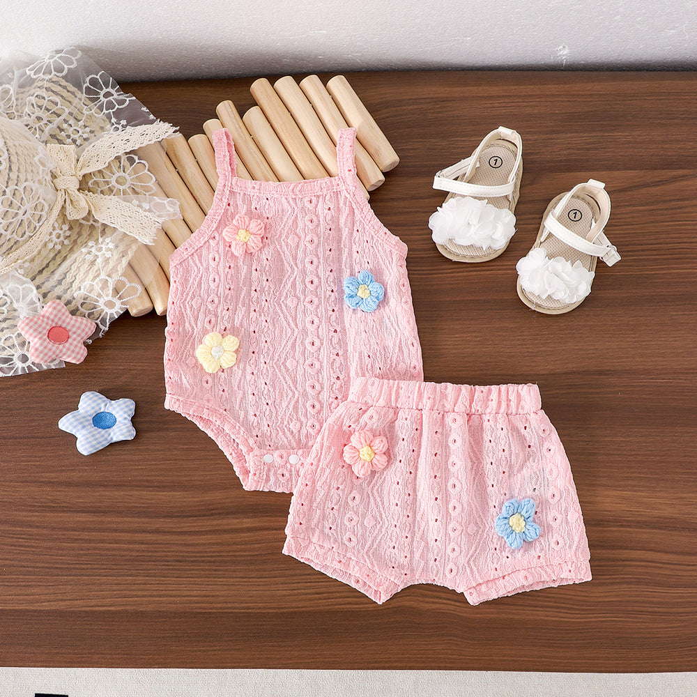 Children's clothing  fashion children's clothing cross-border stereo flower purple suspender top + shorts