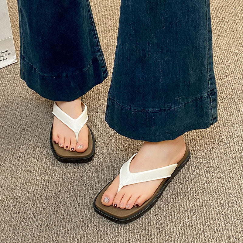 Fashionclassy square toe flip-flops women's summernew arrivaloutwear wedge heel wasteland style color matching thick sole sandals