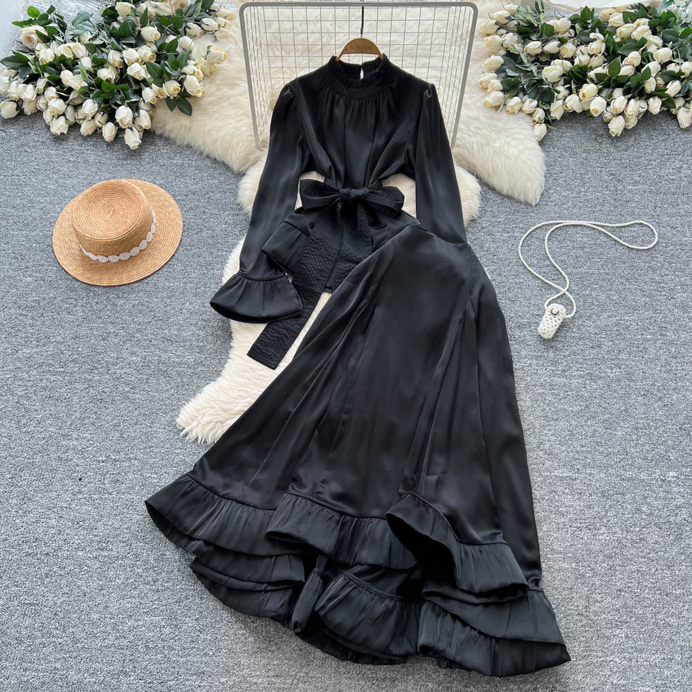 European and american fashion tie-waist long sleeve satin top and high-waisted flared ruffle skirt two-piece set for women - autumn collection