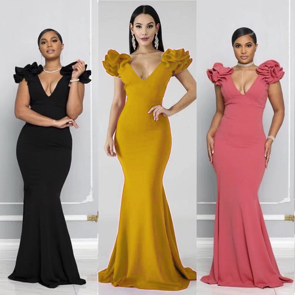 European and american women's clothing    new long dress - figure-flattering, bodycon, african style dress with v-neck and multiple color options