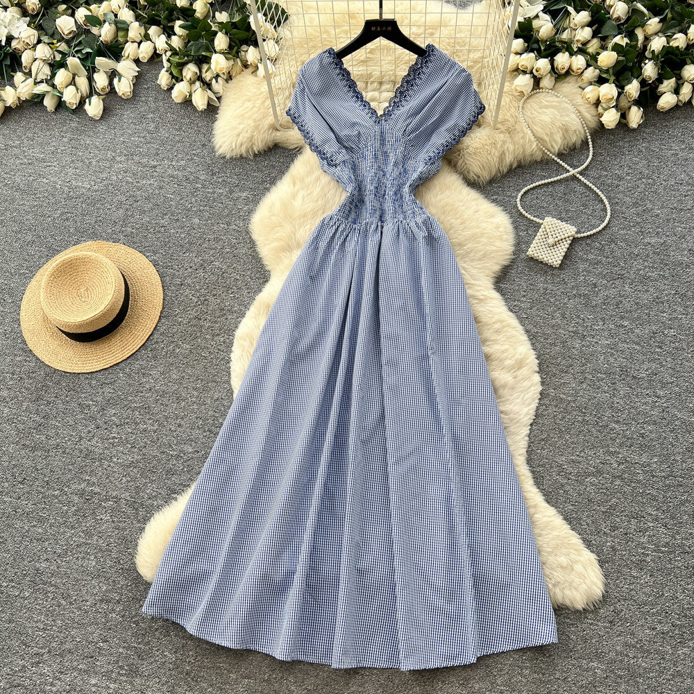 K-stylework clothingv neck short-sleeved lacepatchworkgrids pattern dress women's summer pure desire stylehigh waista lineelegant long skirt