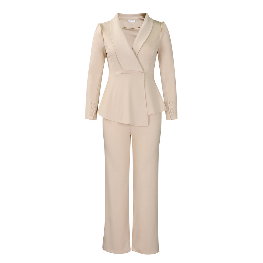 D549  women's  fall/winter new fashion suit collar long sleeve top & wide leg pants two-piece set