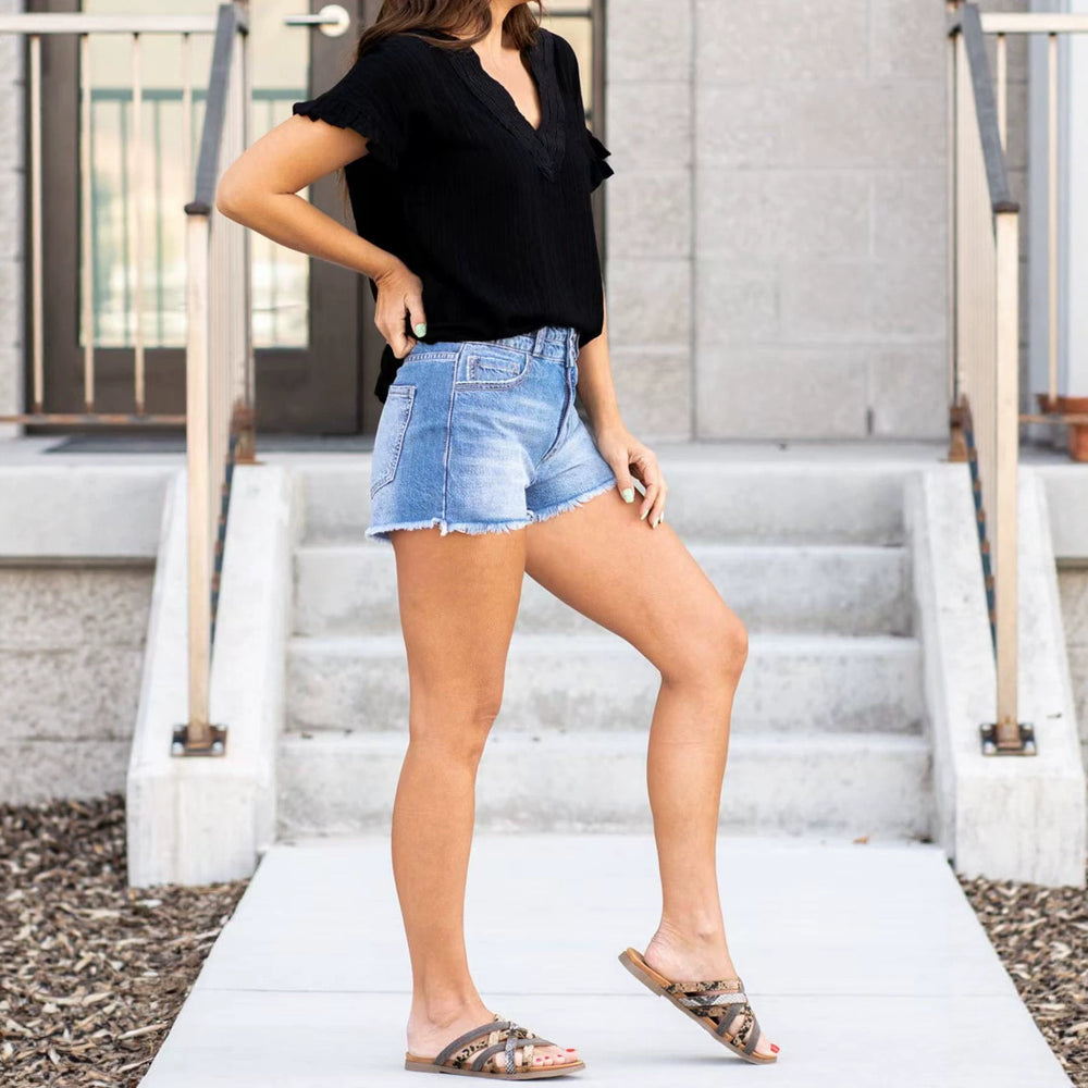 Double-button high waist light blue raw edge denim shorts women's elastic looseslimming look hot pants summer cross-border easiest for matchjeans