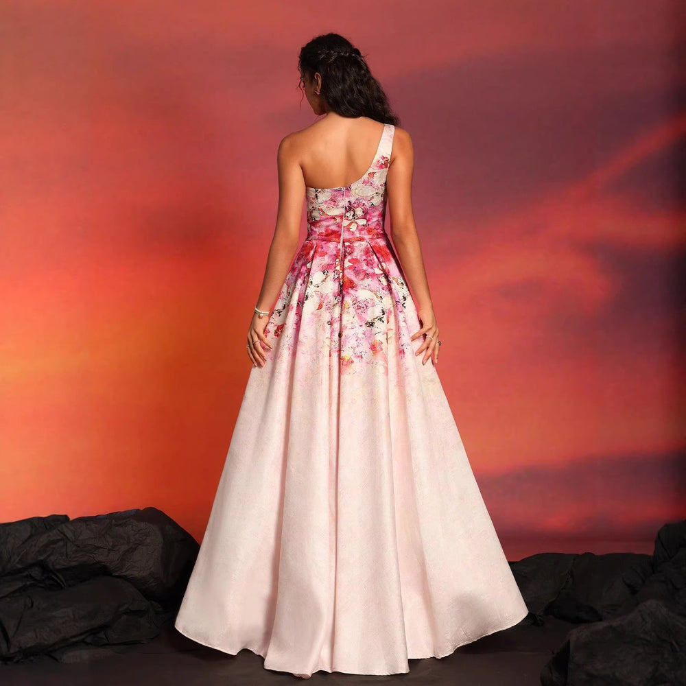 Exportfashionfrenchretroclassyprinting sleeveless fashion one shoulder long dresselegantslimming looksilmdress