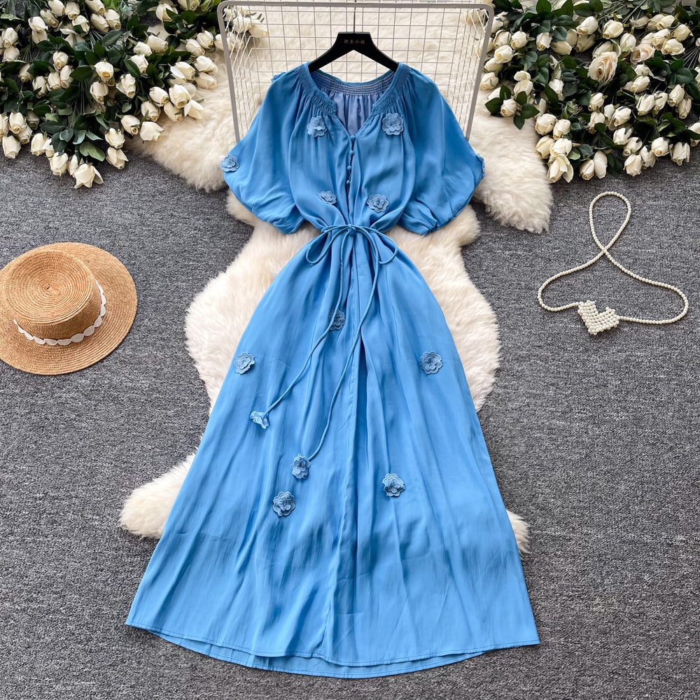 K-style small flying sleeves a-line short-sleeved dress women's  summer waist tie back long skirt niche stylesense of designwork clothing