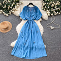 K-style small flying sleeves a-line short-sleeved dress women's  summer waist tie back long skirt niche stylesense of designwork clothing