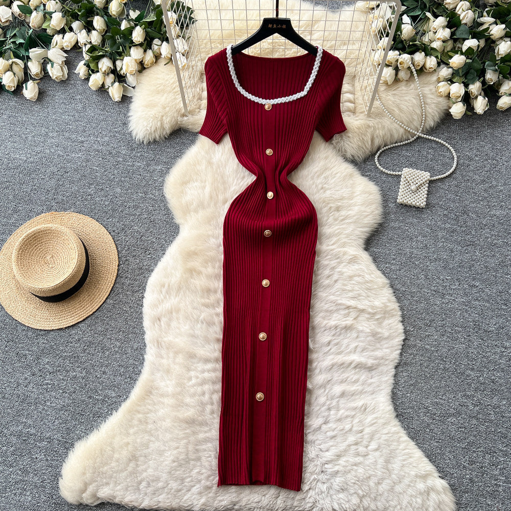 French hepburn style burgundy knittingdress women's summerk-style single-breasted silmelegant long skirt work clothing