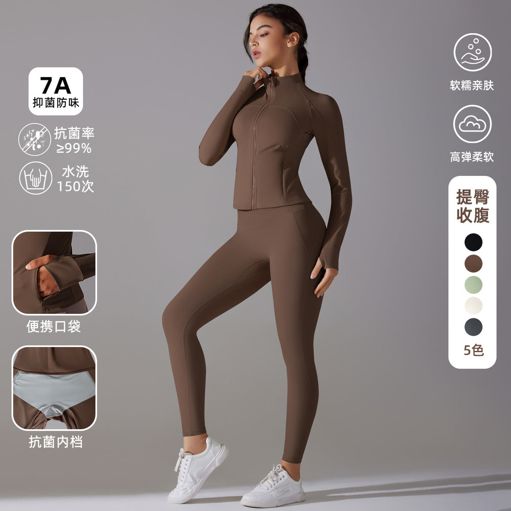 New arrival: solid color antibacterial seamless underwear zip-up yoga set - two-piece activewear for running and fitness