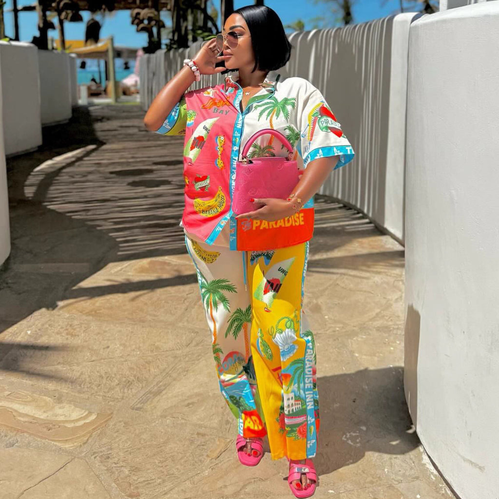 European and American casual suit short-sleeved cardigan printed shirt trousers women's new African women's clothing resort style fashion suit