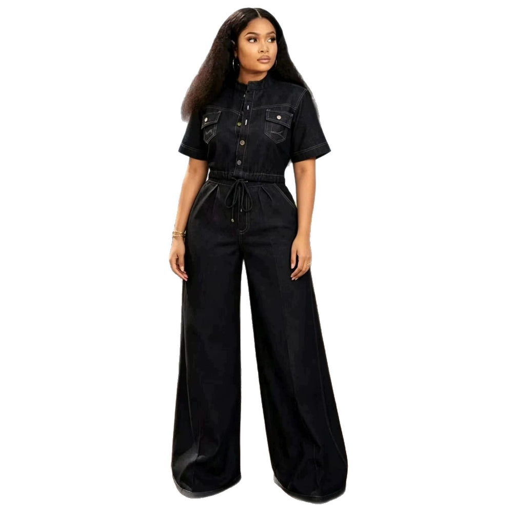 European and american new arrival cross-border   casual button-down two-piece set: short-sleeve top & wide-leg jeans denim outfit for women