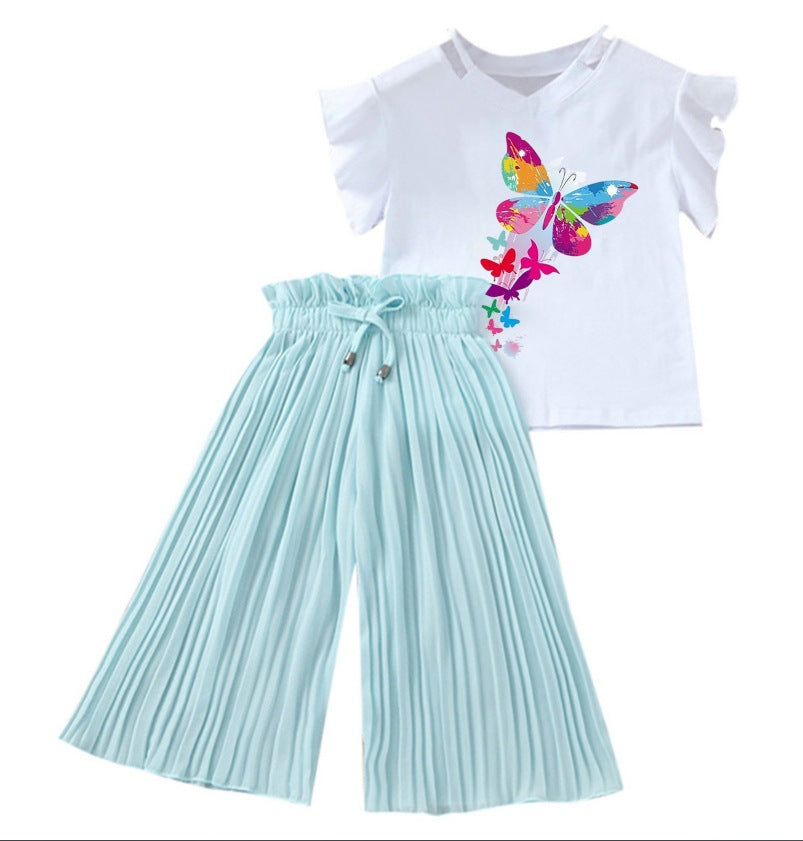 summer new arrivals: girls' letter print flutter sleeve top & wide-leg pants two-piece set (sizes 4-14y)