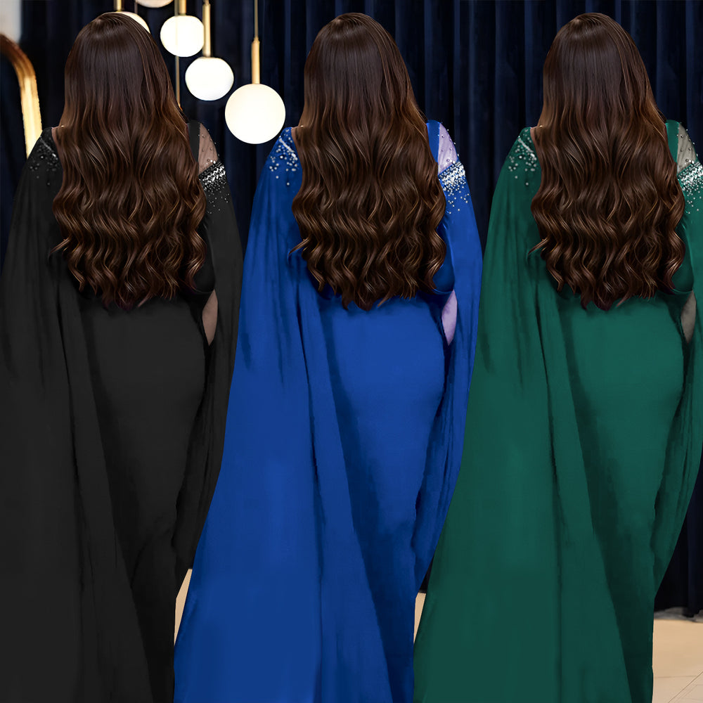 C7280 cross-border fashion evening gown dress: european & american style, chiffon & mesh paneling, heavily embellished with hotfix rhinestones & beaded appliqués, featuring trendy cape sleeves