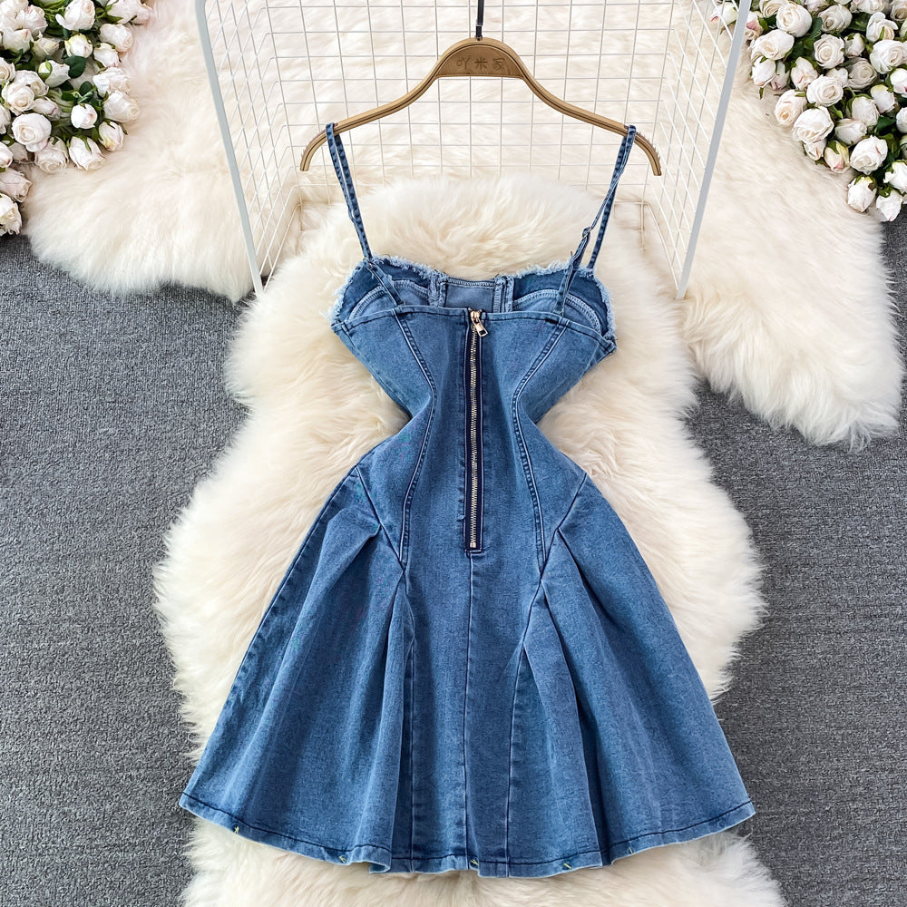summer new arrival: tie-waist, slim-fit, backless, sleeveless, sexy & sweet spicy denim a-line dress for women