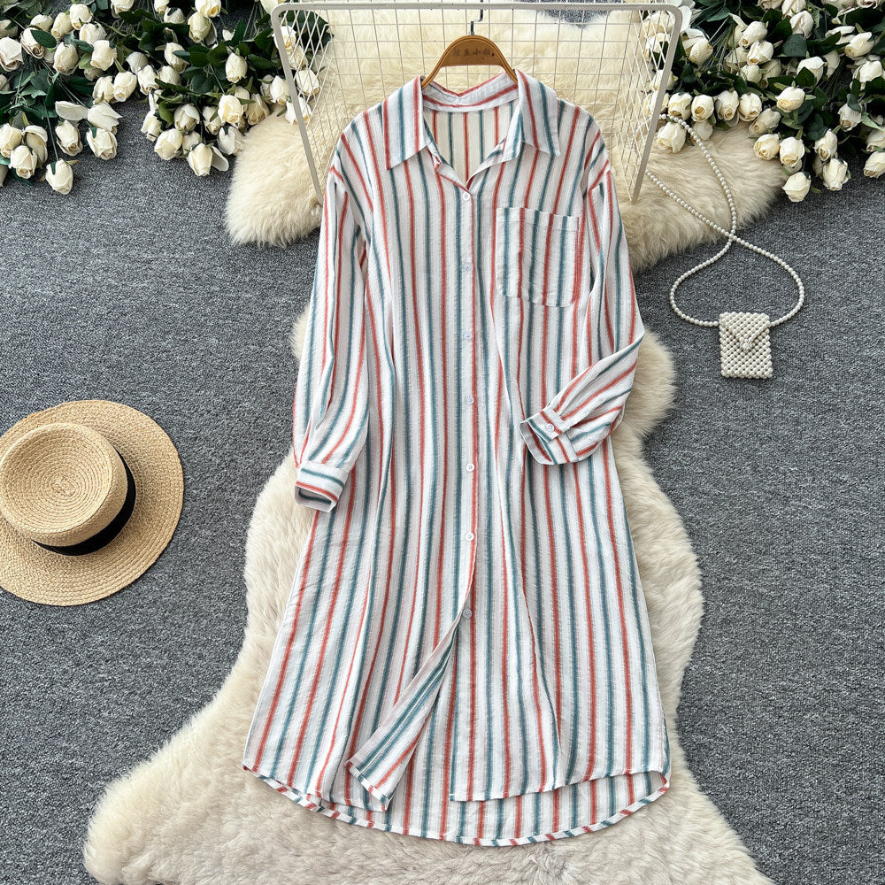 Korean style retro loose striped shirt dress - summer long sleeve a-line midi dress - chic workwear outfit