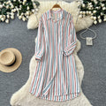 Korean style retro loose striped shirt dress - summer long sleeve a-line midi dress - chic workwear outfit