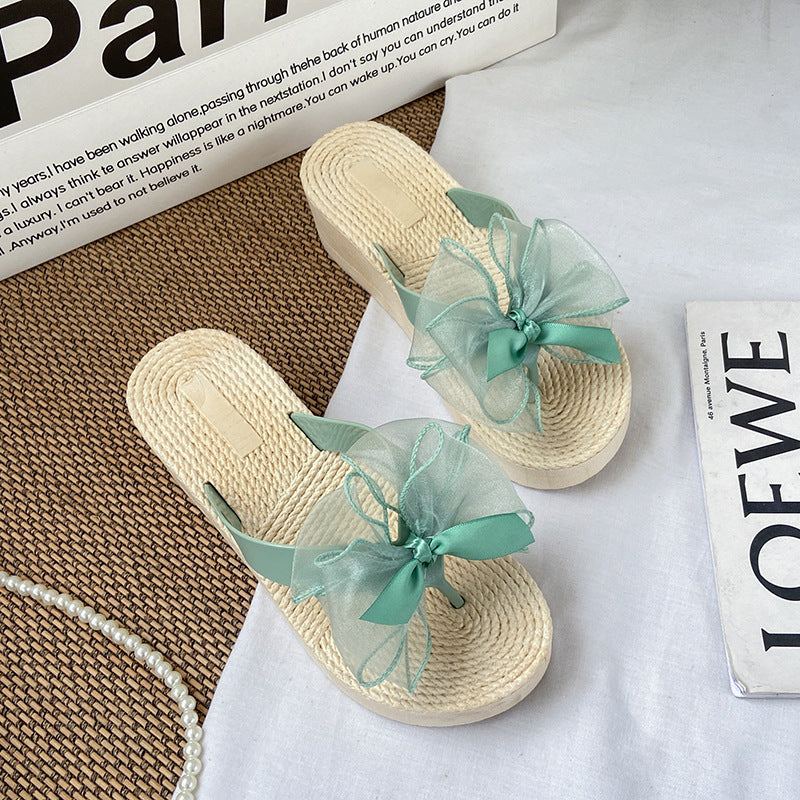 Summer new fashion bowknot platform flip-flops women's mid-heel non-slip sandals beach vacation travel shoes
